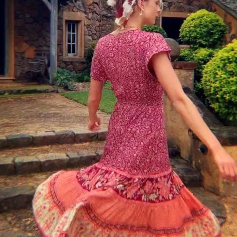 Boho Gypsy Red Floral Print V neck Ruffle Midi Dress - Picture 3 of 4